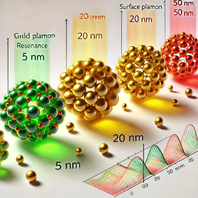 Here is an illustration A scientific illustration depicting gold nanoparticles of various sizes with corresponding wavelengths of light that demonstrate SPR. The smallest particles are absorbing green light (visible), while the largest absorb infrared (redshift). Include labels for nanoparticle sizes (e.g., 5 nm, 20 nm, 50 nm) and their respective SPR peaks.